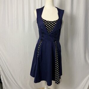 KILLREAL Womens Navy Polka Dot Fit Flare Dress Retro Pinup Rockabilly M